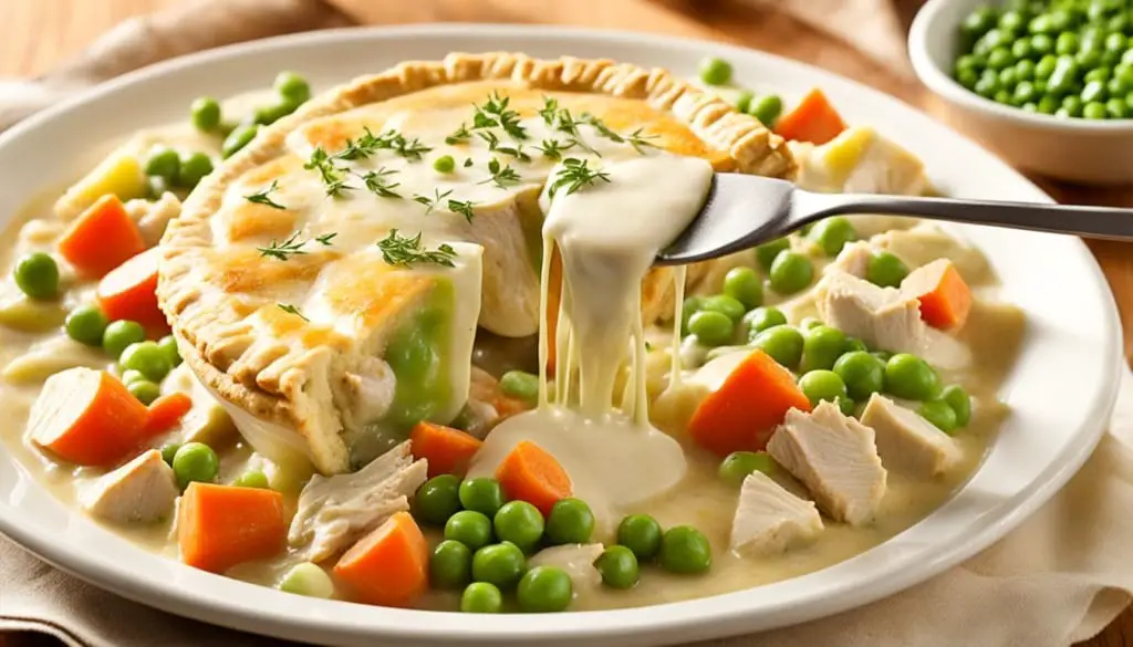 Chicken pot pie on a plate with creamy filling, with a fork lifting a piece.