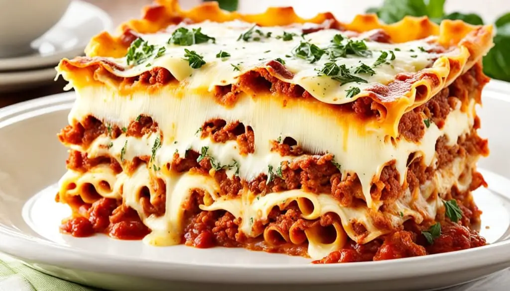 A slice of lasagna with layers of cheese and meat sauce, garnished with parsley.