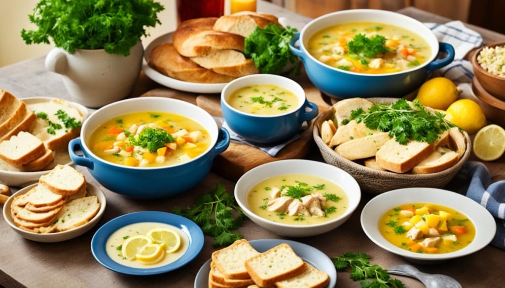 Various bowls of chicken soup alongside plates of garlic bread slices, set on a table.