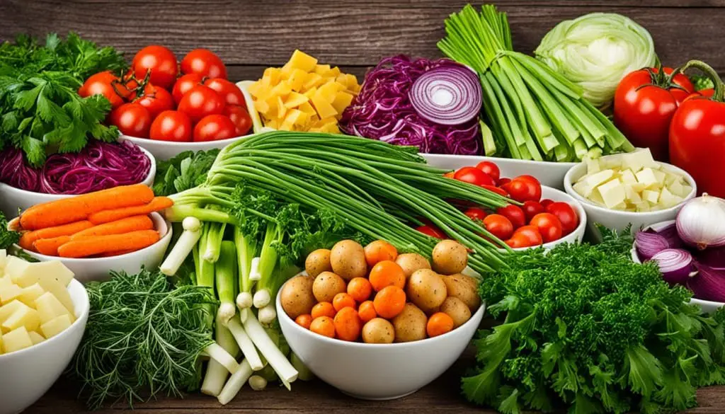 A variety of fresh, colorful vegetables on a wooden table.