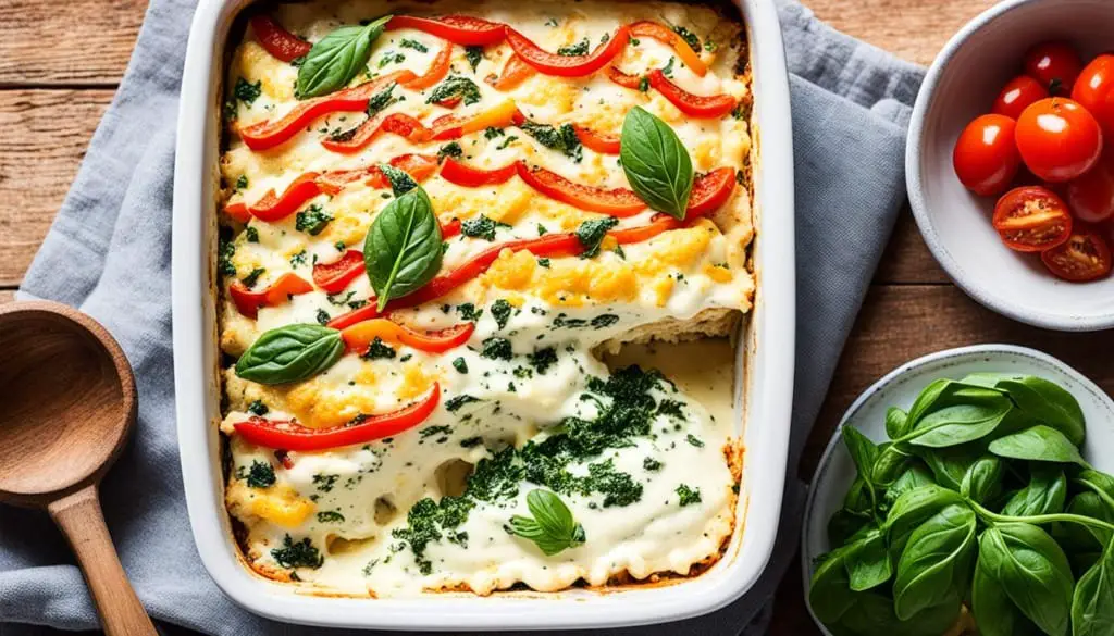 Vegetarian lasagna with white sauce and red peppers in a baking dish.