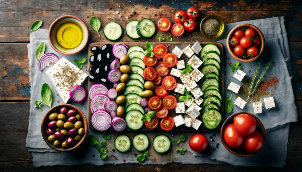 top view of various ingredients of greek salad on a wooden table.