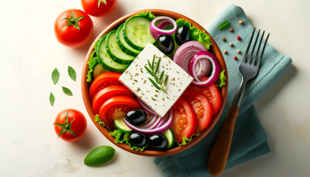Bowl of traditional Greek salad topped with a single slab of feta cheese, on a table alongside a fork and tomatoes.