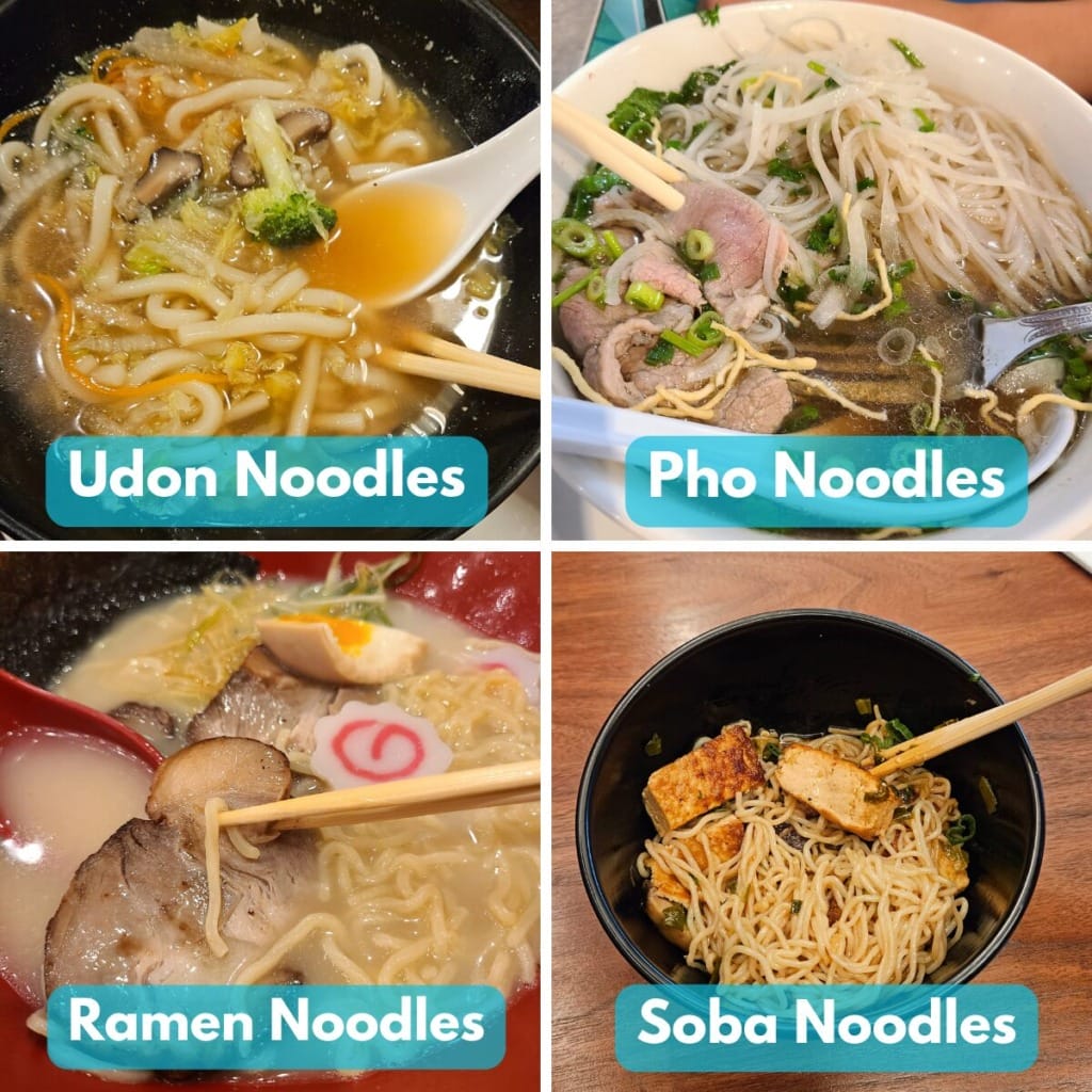 Images of bowls of Udon, Pho, Ramen, and Soba noodles.